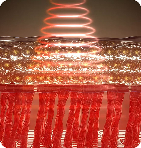 Schemat warstw skóry z promieniami światła i ciepłem przenikającymi przez komórki, docierającymi do mięśni