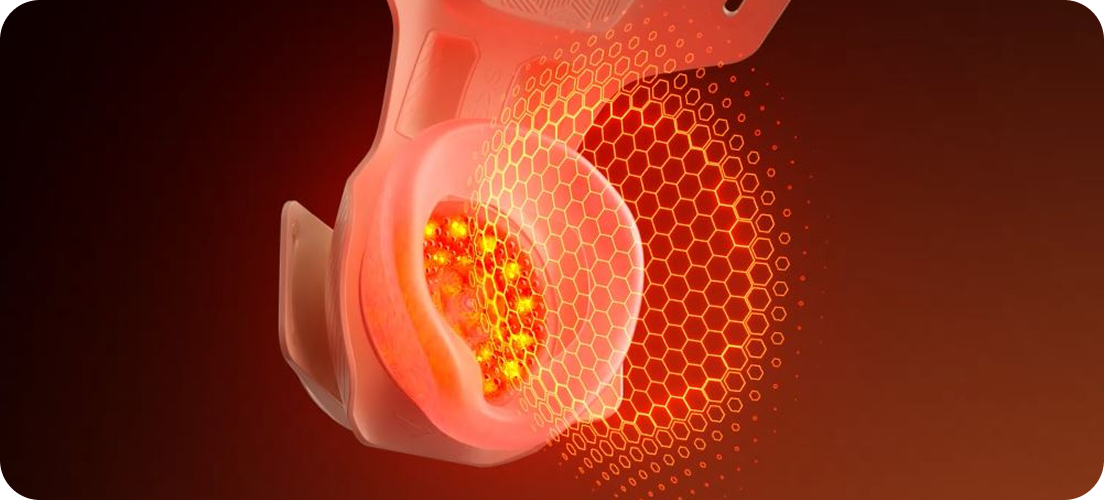 Schemat masażera kolan SKG. Wewnątrz widoczna jest czerwona siatka i intensywne, żółto-czerwone światło.