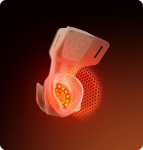 Schemat masażera kolan SKG. Wewnątrz widoczna jest czerwona siatka i intensywne, żółto-czerwone światło.